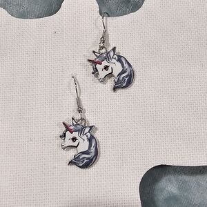 Unicorn Earrings Enamel Silver Metal NIP Gray